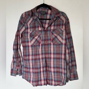 Pendleton Frontier Shirt Mens M Red Blue Palid Pearl Snap Weatern